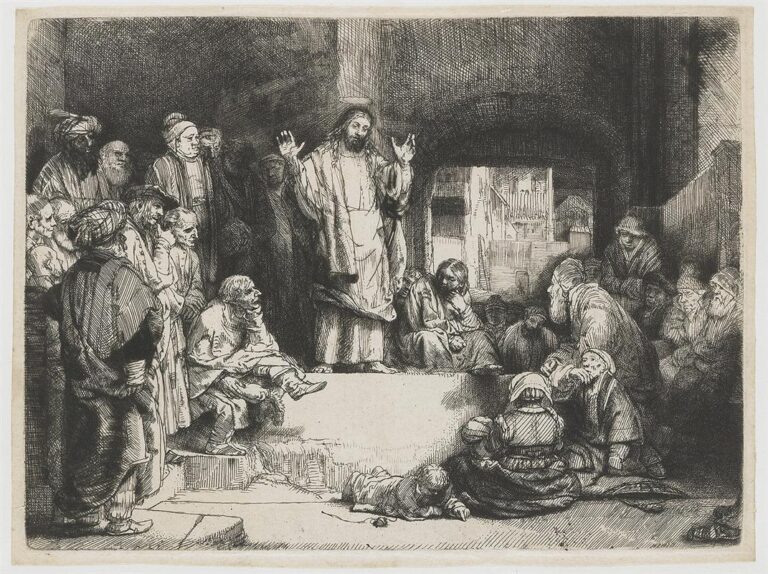 Rembrandt etching of Jesus speaking within a shadowed archway, hands raised as a diverse crowd—poor, scholars, women, and children—gathers closely around, with bright city buildings glimpsed beyond.
