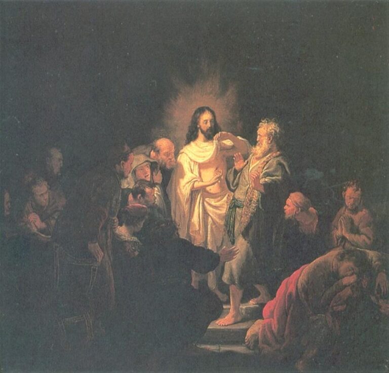 Night interior with the risen Christ standing on a low step, opening his robe to show the side wound as apostles and women crowd around in a ring; faces and hands glow in a warm pool of light against deep surrounding darkness.