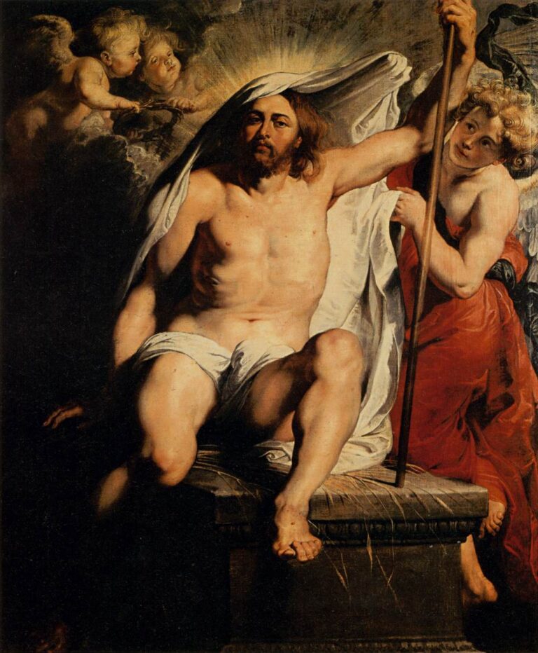 Rubens’s painting of the resurrected Christ seated on the tomb, luminous halo and white shroud around His shoulders, an angel in red holding a victory staff at His side, and putti presenting the crown of thorns in a dark clouded background.