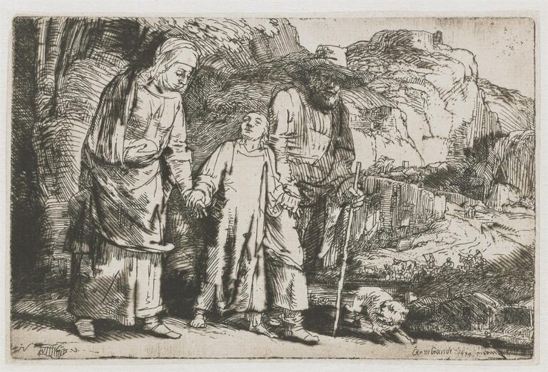 Etching of Mary, the young Jesus, and Joseph walking hand in hand along a rocky path; Mary bends protectively, Joseph holds a staff with a small dog at his feet, and distant travelers wind through a valley beneath layered cliffs.