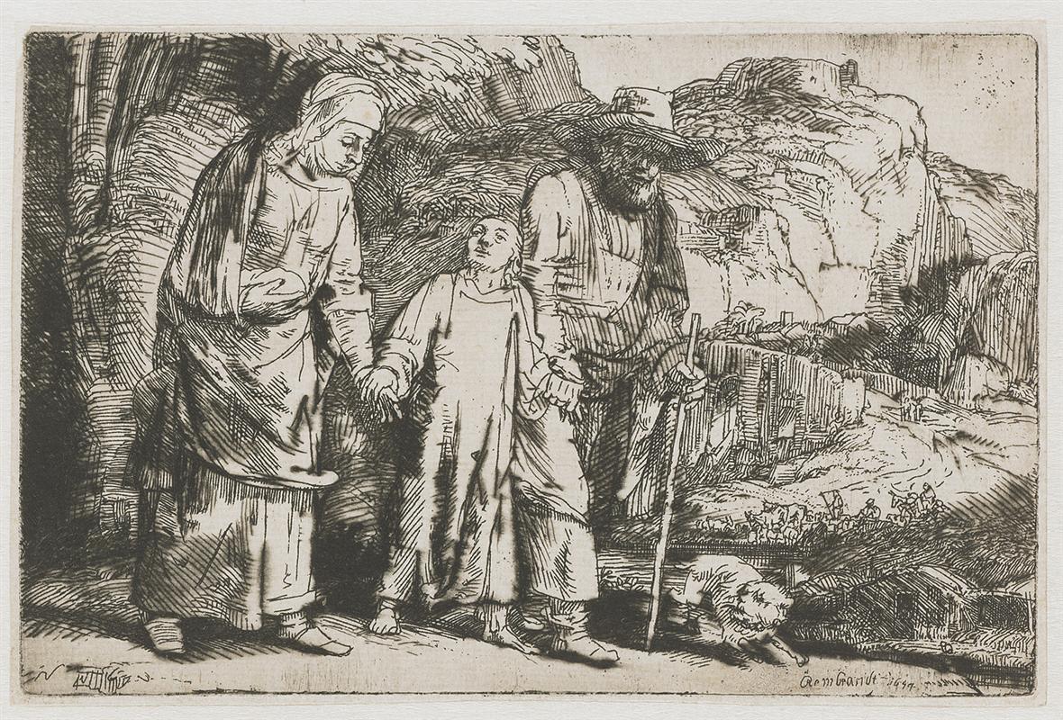 Etching of Mary, the young Jesus, and Joseph walking hand in hand along a rocky path; Mary bends protectively, Joseph holds a staff with a small dog at his feet, and distant travelers wind through a valley beneath layered cliffs.