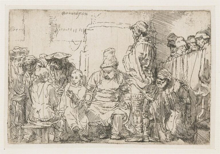 Etching of the twelve-year-old Christ seated among a dense circle of scholars in a shallow interior; he gestures calmly while elders lean in, a tall official stands at right, and onlookers peer from a parapet, all rendered with lively crosshatching.