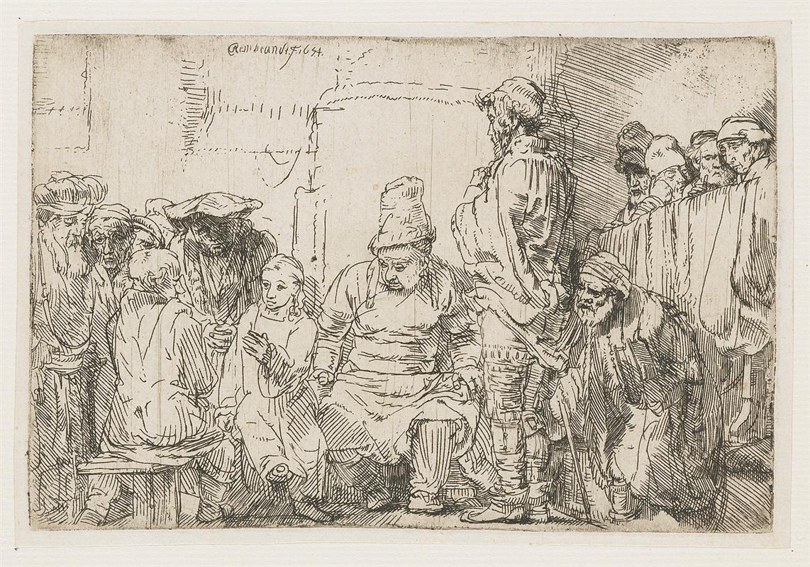 Etching of the twelve-year-old Christ seated among a dense circle of scholars in a shallow interior; he gestures calmly while elders lean in, a tall official stands at right, and onlookers peer from a parapet, all rendered with lively crosshatching.