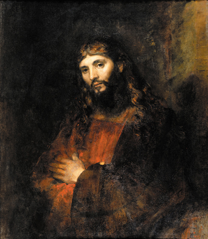 Half-length Rembrandt painting of Christ with head slightly tilted and arms gently crossed over a red robe, softly lit against a dark, atmospheric background; humane expression and rich, earthy brushwork convey calm authority.