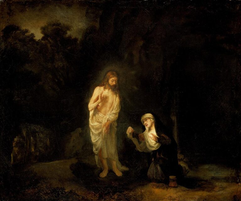 Rembrandt’s “Noli me tangere” showing the risen Christ, lightly draped, raising a hand as Mary Magdalene kneels and reaches toward him at the mouth of a dark tomb, both bathed in soft dawn light.