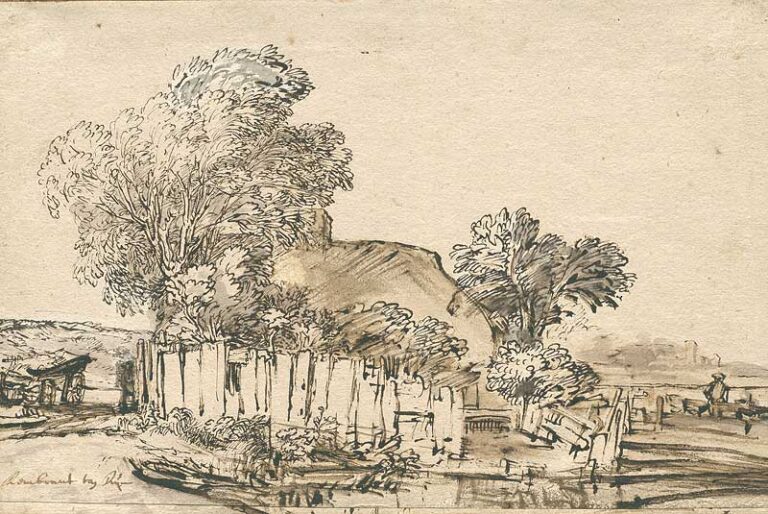 Pen-and-wash landscape of a Dutch cottage screened by a curved wooden fence and tall trees; loose brown ink lines and soft washes describe a path, shed, and distant figures under an open sky.