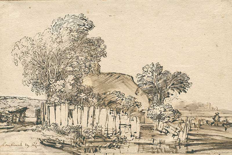 Pen-and-wash landscape of a Dutch cottage screened by a curved wooden fence and tall trees; loose brown ink lines and soft washes describe a path, shed, and distant figures under an open sky.