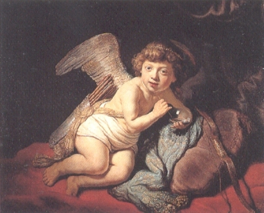 Small painting of a golden-haired Cupid kneeling on red velvet, wings folded, holding a bubble pipe and leaning on blue-green drapery; warm light glows on his skin against a deep dark background, poised to blow a soap bubble.