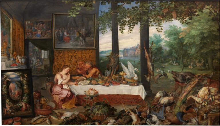 Grand allegorical interior opening to a park, with a white-clothed banquet table piled with oysters, lobsters, fruit, peacock and swan; a young woman raises a golden cup as a satyr pours wine, surrounded by paintings, silverware, and abundant game and fish.