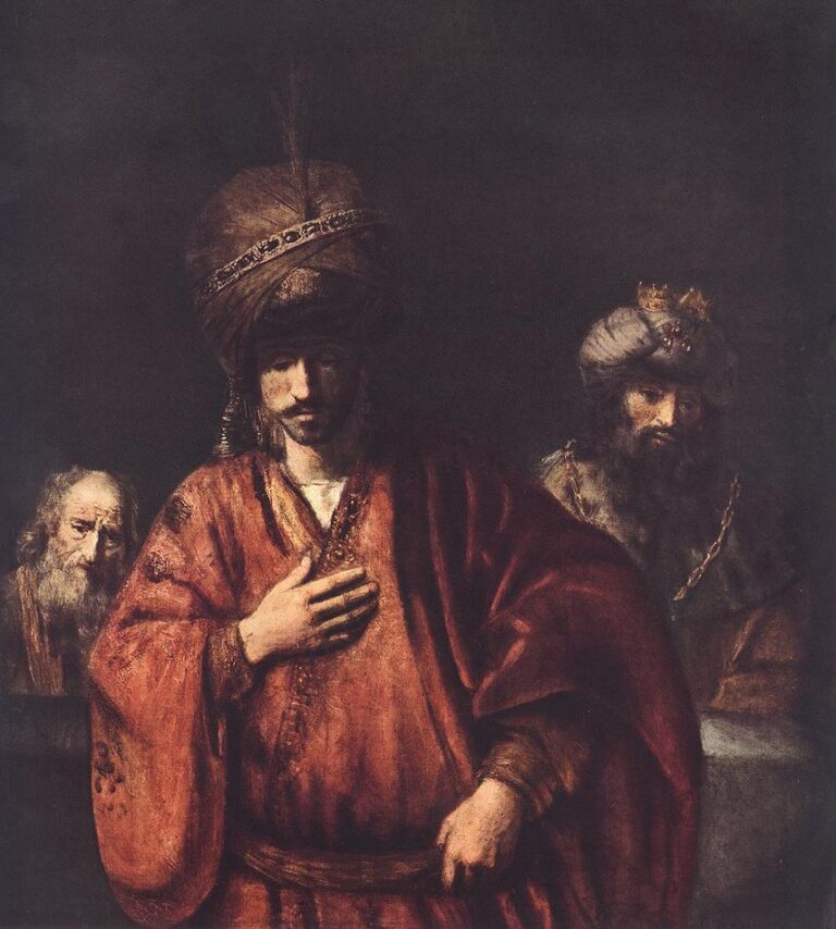 Rembrandt’s 1665 painting “David and Uriah,” showing King David in a rich red robe and tall turban with one hand on his chest, facing the soldier Uriah in cooler tones while an elderly counselor looks on in a dark, shallow interior illuminated by selective light.