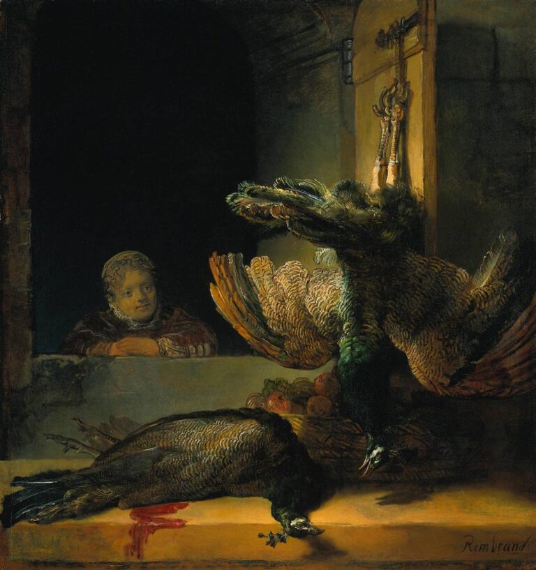 Oil painting of two dead peacocks in a dim interior: one lies on a stone ledge with a small pool of blood, the other hangs head-down from a door; a child leans in from a shadowed window to watch, while a basket of fruit and strong light from the right illuminate iridescent feathers and brass hardware.