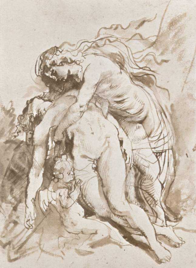 Brown ink and wash drawing of Venus leaning over the collapsing nude body of Adonis as a small cupid crouches near the wound; flowing hair, streaming drapery, and interlocked limbs form a dynamic diagonal against a lightly sketched ground.