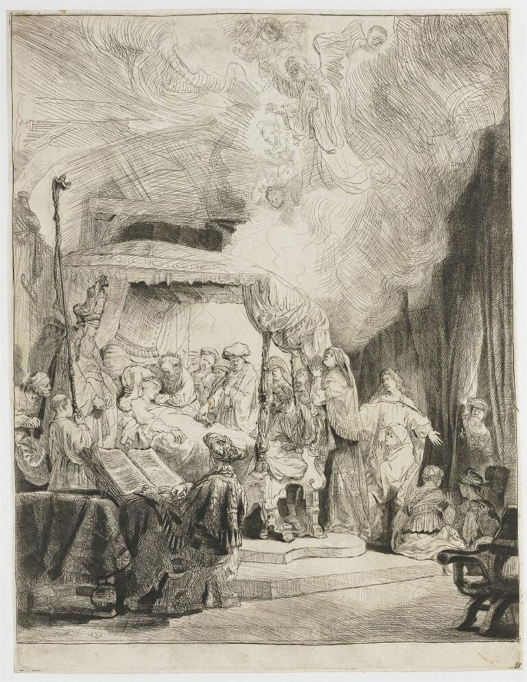 Large 1639 etching by Rembrandt showing the Virgin Mary on a canopied bed surrounded by apostles and onlookers, with angels descending in swirling clouds above; strong contrasts of light and shadow, open book at left, heavy curtain at right, and gestures of prayer and awe throughout the room.