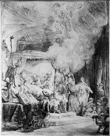 Etching of Mary’s deathbed by Rembrandt: apostles and attendants gather around a curtained bed while a large open book is read at left; above, a cascade of angels descends in radiant light within a vaulted room.