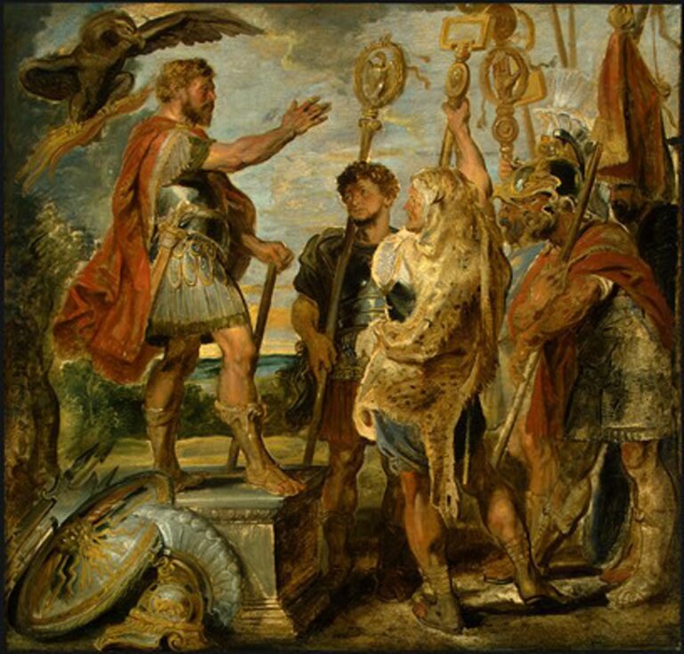 Rubens’s oil painting of a Roman commander addressing soldiers before battle, standing on a stone block with arm raised, surrounded by armored officers and lifted standards while an eagle hovers overhead; gleaming armor and red cloaks animate a dramatic Baroque scene.
