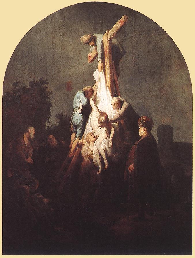 Night scene of the Deposition: figures on ladders lower Christ along a bright white shroud from a tall cross while others receive the body below; surrounding figures watch in shadow against a deep, muted background within an arched frame.