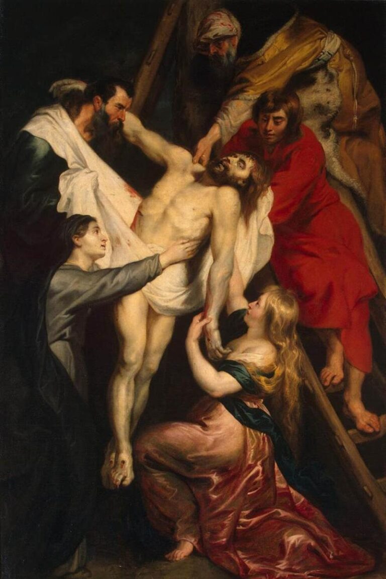 Night scene by Peter Paul Rubens of Christ being lowered from the cross along a ladder; a bright white shroud supports his body as men guide him and the Virgin and Mary Magdalene reach up to receive him, illuminated against deep shadow.
