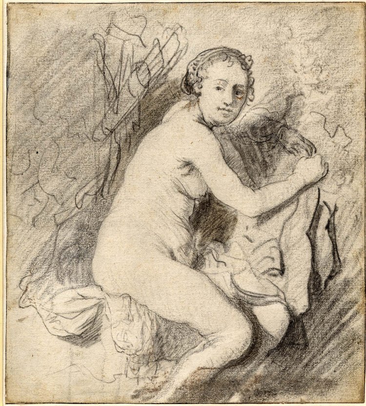 A 1631 drawing by Rembrandt showing a nude woman seated at the water’s edge, turning over her shoulder toward the viewer, with soft light on her back and knee, rough foliage and drapery behind, and expressive lines modeling face, hands, and cloth.