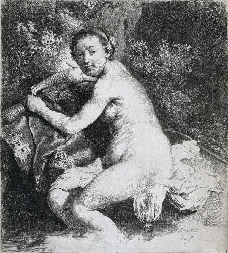 Etching of a nude woman identified as Diana, seated beside a woodland pool, twisting to look over her shoulder while gripping drapery; luminous skin contrasts with dark foliage and richly hatched fabrics.