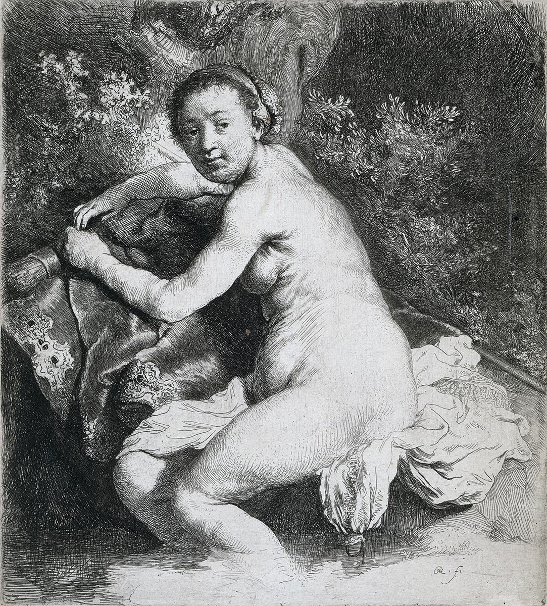 Etching of a nude woman identified as Diana, seated beside a woodland pool, twisting to look over her shoulder while gripping drapery; luminous skin contrasts with dark foliage and richly hatched fabrics.