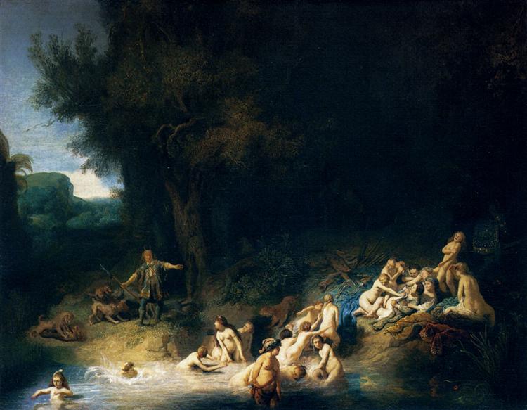 Wide dark forest clearing with a bright pool at left where nymphs bathe; at right Diana’s attendants recline on colored fabrics as Callisto is exposed; at far left Actaeon enters with dogs, all lit by focused patches of light under dense trees.