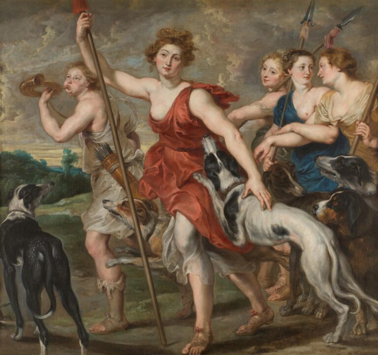 Mythological painting of Diana the Huntress by Peter Paul Rubens showing the goddess striding forward with spear raised, nymphs and spearmen behind her, a horn-blower calling the hunt, and several eager hounds leaping at her side under a turbulent sky.