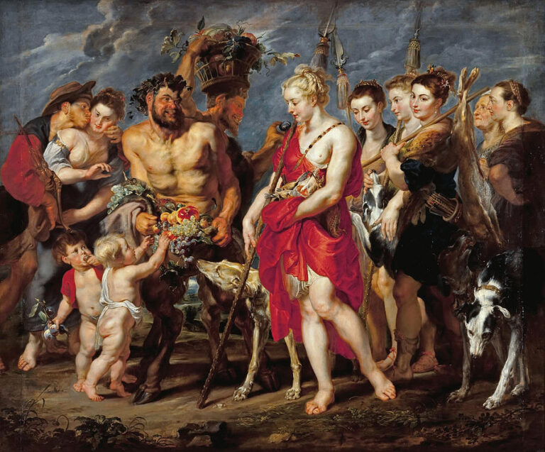 Diana in a scarlet mantle leads nymphs and hounds while a grinning satyr offers an overflowing fruit basket; children reach, goats and dogs crowd the foreground, and hunting standards rise behind under a blue-grey sky.