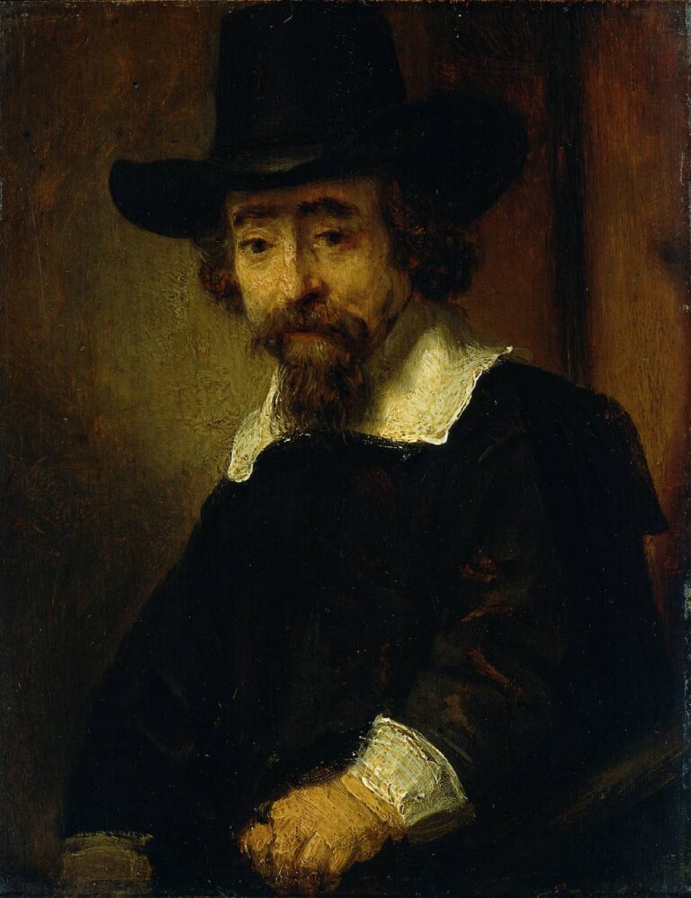 Half-length portrait of Dr. Ephraim Bueno wearing a broad black hat and dark coat with white collar and cuffs, his warmly lit hand resting forward and his thoughtful gaze turned toward the viewer against a brown studio background.
