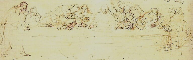 Quick pen drawing of the Last Supper by Rembrandt showing Christ at the center of a long table with apostles clustered around him, their heads and hands animated by shock and conversation against an almost empty background.