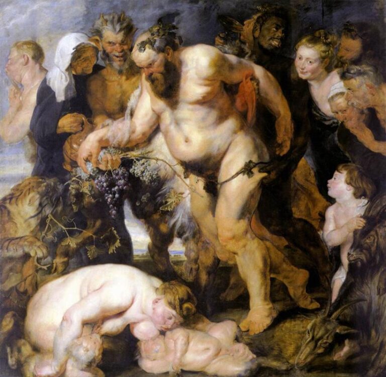 Bacchanal by Peter Paul Rubens showing the wine-soaked Silenus crowned with vines and supported by satyrs, surrounded by laughing followers, a nursing nymph with infants, and goats, all bathed in warm, luminous color.