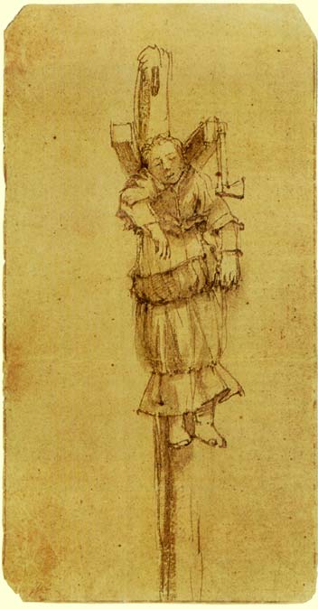 Rembrandt’s 1664 brown-ink drawing showing the body of Elsje Christiaens hanging from a tall post with an axe fixed above, her head tilted and one arm drooping, rendered with spare lines and soft wash against an empty ground.