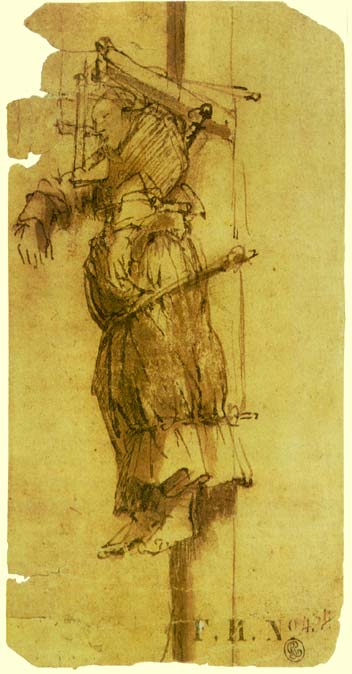 Rembrandt’s brown-ink drawing of Elsje Christiaens in profile, bound to a tall post with a yoke at her neck and the axe fixed above, her body slumping in layered skirts while ropes and braces hold her against the vertical beam.