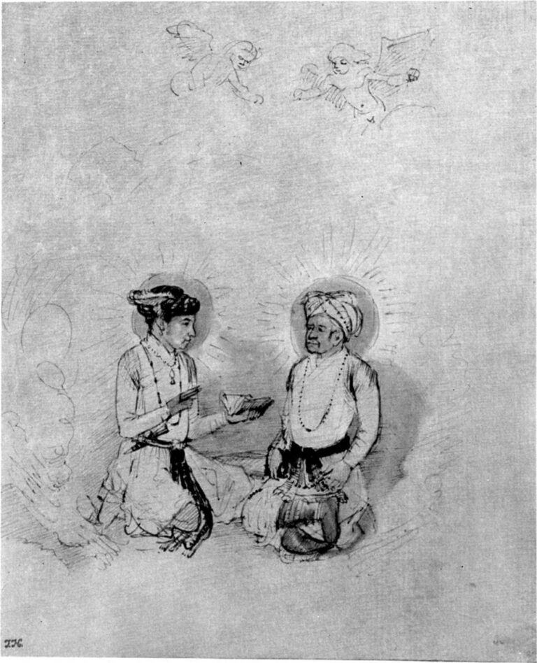 Monochrome drawing of two Mughal rulers—Akbar and his son Jahangir—kneeling face to face with halos; the younger offers an open book, the elder holds beads; two faint European-style putti hover above in an otherwise empty field.