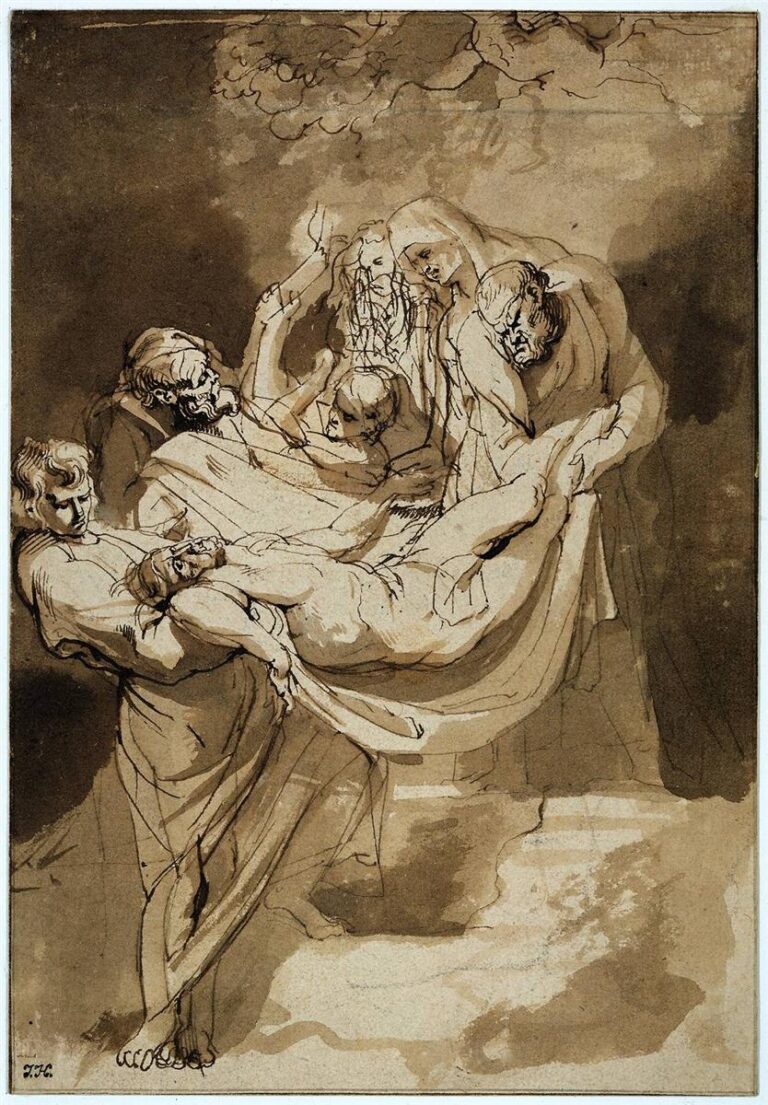 Pen-and-brown-ink drawing of the Entombment: Christ’s limp body is carried diagonally by a tight circle of mourners, their hands gripping a winding sheet as brown washes pool into luminous shadows under a canopy of leaves.