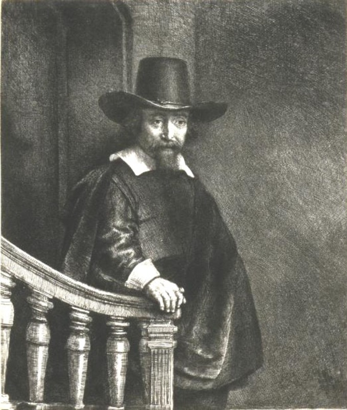 Etching of a bearded man in a broad-brimmed hat standing at a staircase, one hand resting on a turned wooden banister and the other holding his cloak, with a doorway behind and rich cross-hatched shadows surrounding his calm, attentive face.
