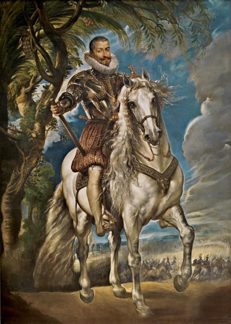 Full-length equestrian portrait by Peter Paul Rubens of the Duke of Lerma in black-and-gold armor riding a white stallion beneath vine-laced trees, baton in hand, with cavalry and banners moving across a sunlit, dusty plain under a blue sky.