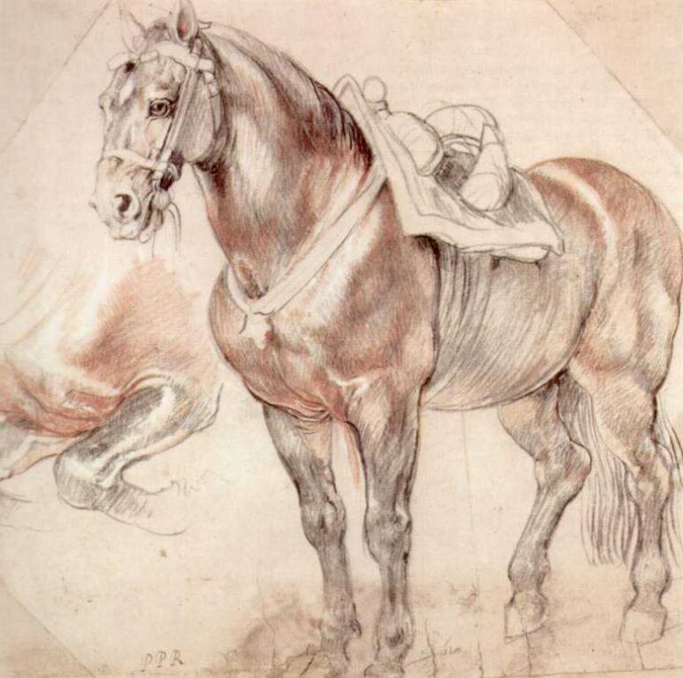 Red- and black-chalk drawing of a bridled, saddled horse standing three-quarters to the left, with white heightening on crest and shoulder and partial leg studies sketched at the sheet’s left side.
