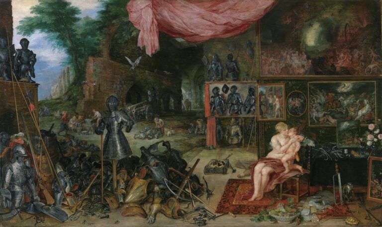 Vaulted armory and gallery scene where Venus embraces Cupid on a carpeted foreground while piles of armor, swords, and paintings surround them under a pink canopy; workers labor in distant arches and a dove glides overhead.