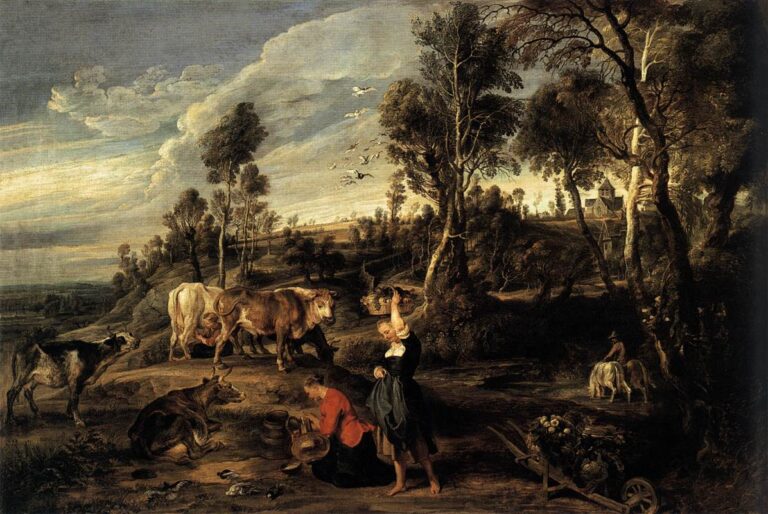 Broad countryside view by Peter Paul Rubens with two women working near pails and a wheelbarrow, cows moving along a track, a boy leading horses across water, and a farmhouse on a distant ridge under layered clouds.