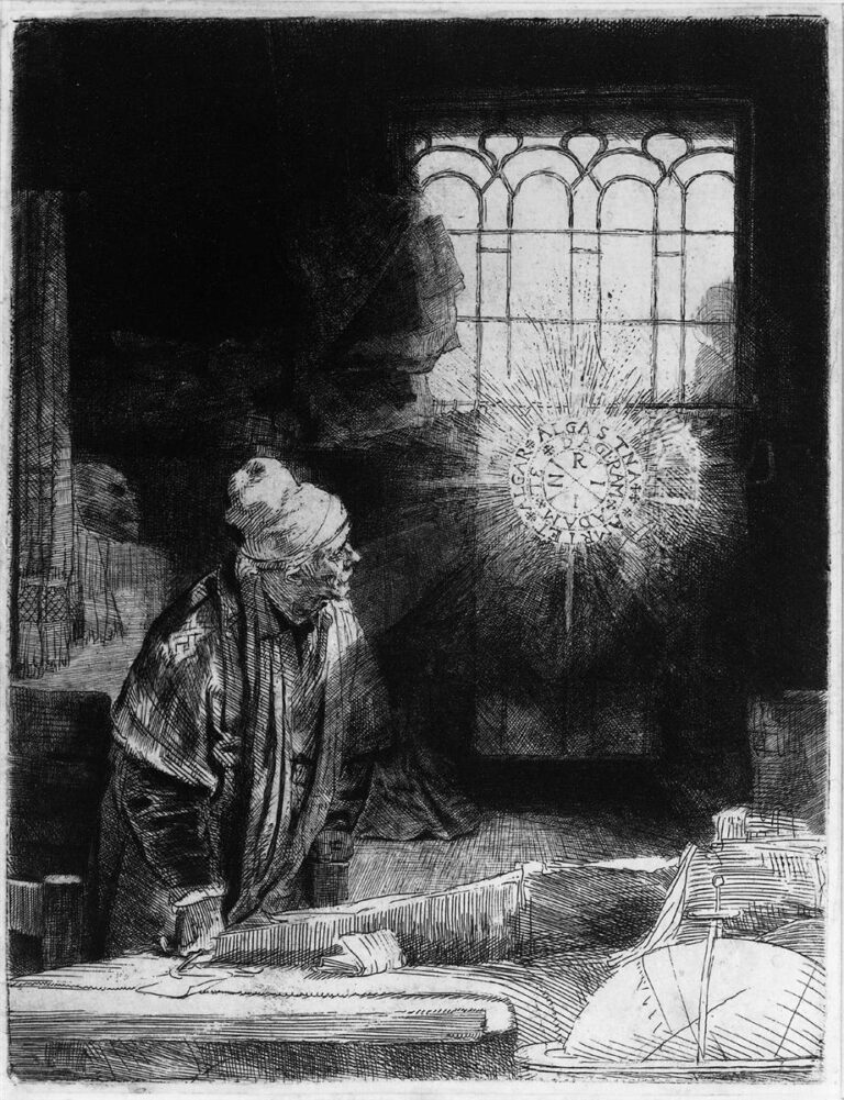 Etching of an elderly scholar in a dim study leaning over books and instruments as a bright, circular disk of letters and rays appears near a Gothic window, casting light across his face and the crowded table.