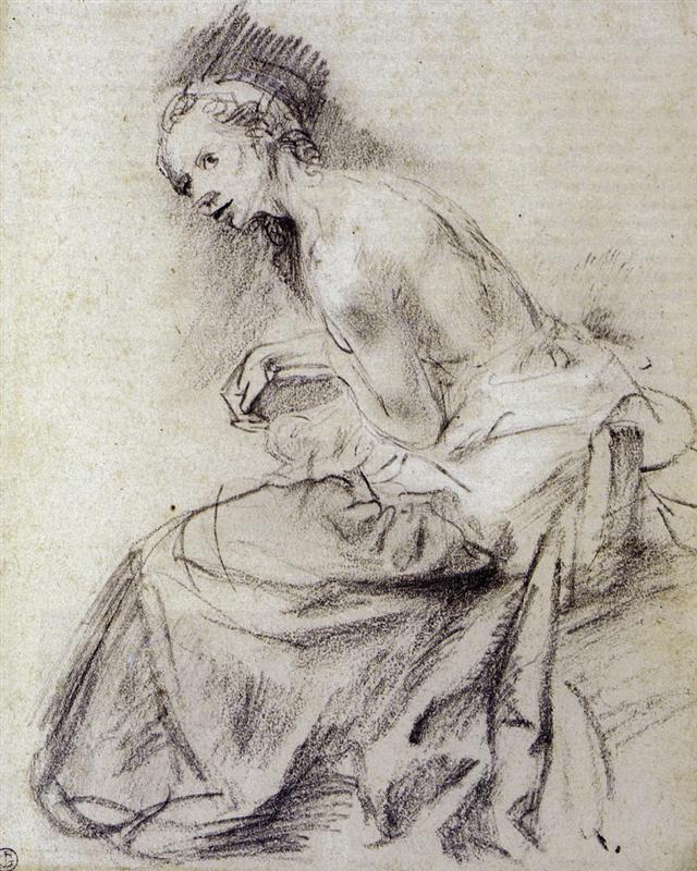 Black-chalk drawing of a seated nude woman in three-quarter view, torso twisting forward, head turned with parted lips, drapery pooled over her lap; varied shading and lively contours model light and weight against warm paper.