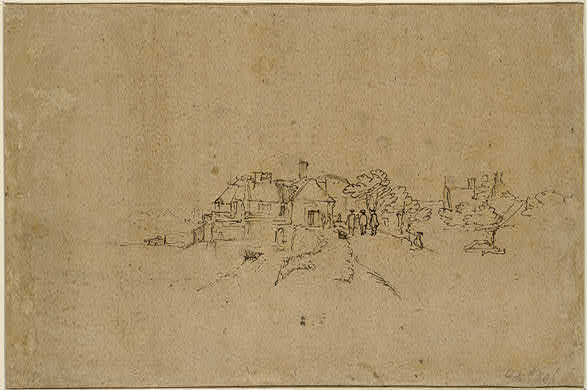 Sparse pen drawing on toned paper showing a small cluster of cottages and trees along a winding path; tiny figures walk on the Anthoniesdijk toward Houtewael, with broad empty sky and distant hints of buildings.