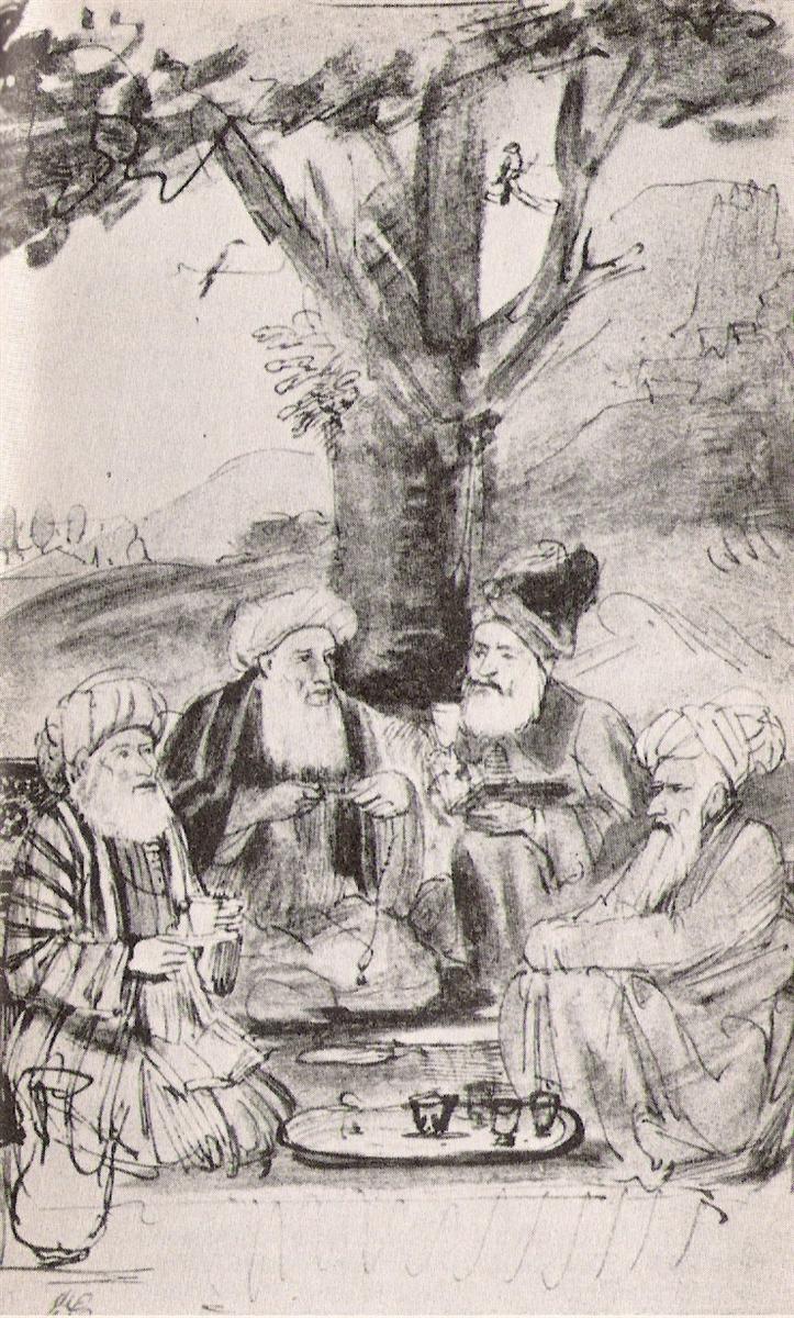 Rembrandt pen-and-wash drawing of four turbaned elders seated in a semicircle beneath a large tree, trays with small cups on the ground, rolling landscape behind; loose ink lines and soft gray washes create an intimate outdoor conversation.