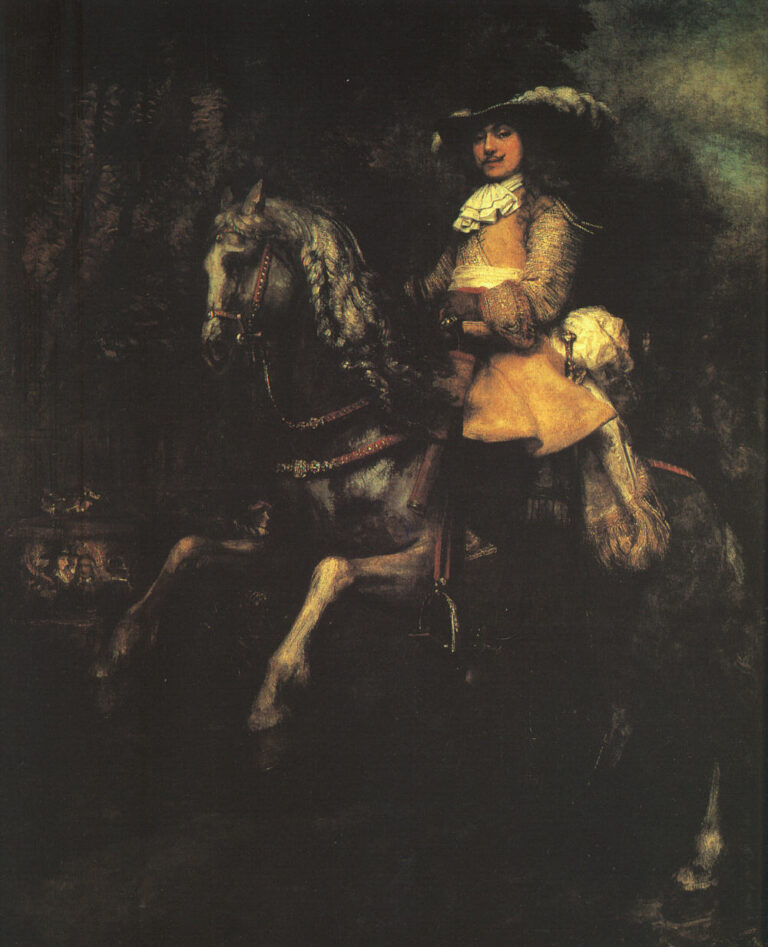 Rembrandt’s equestrian portrait of Frederick Rihel riding a grey horse from a dark wooded background into light, wearing a plume-topped hat, metallic sleeves, and white sash, with the horse’s foreleg lifted and ornate bridle glinting.