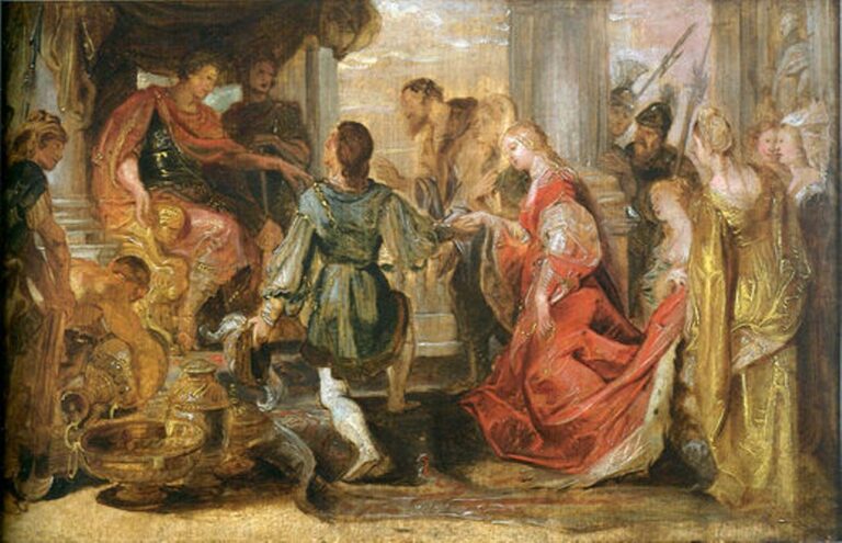 Palace scene with Scipio Africanus seated beneath a canopy extending his hand to a kneeling suitor as a richly dressed bride approaches; soldiers and attendants surround them and a heap of golden vessels shines in the foreground, symbolizing dowry and generosity.