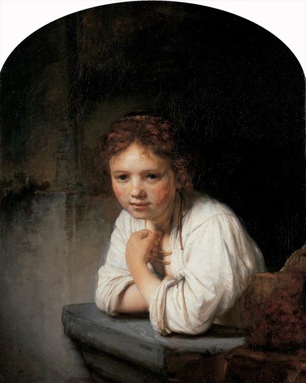 A young woman with reddish hair leans on a stone windowsill, softly lit from the left, wearing a white chemise and gazing outward with a thoughtful, gentle expression against a dark interior.