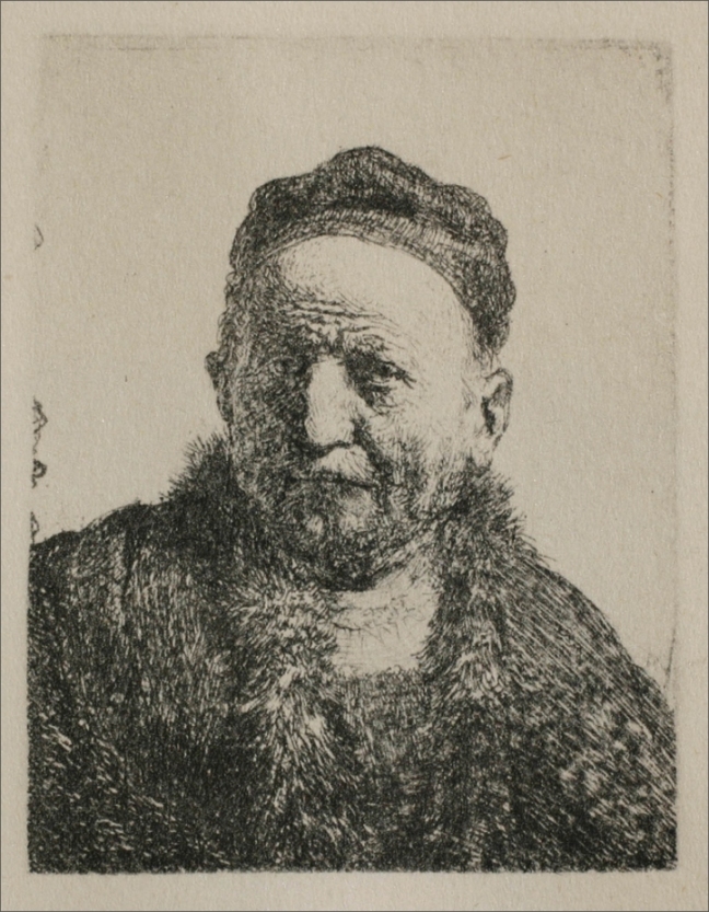 An intimate Rembrandt etching of a man shown head-on, wearing a simple cap and heavy fur collar; finely hatched skin, wiry beard, and rich fur textures emerge against a mostly blank background that emphasizes the steady gaze.