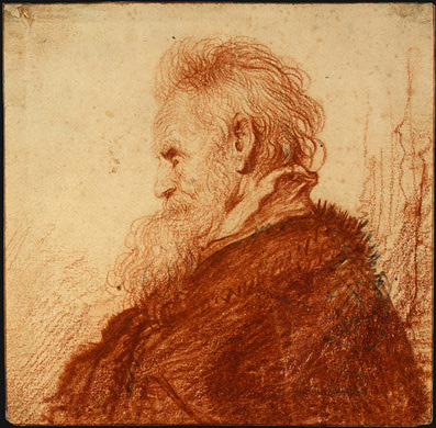 Rembrandt’s 1631 drawing “Head of an Old Man,” a warm-toned profile of an elderly man with tousled hair, flowing beard, and a fur-collared garment, modeled with delicate hatching against an open background.