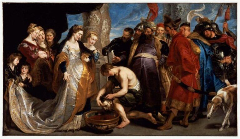 Horizontal scene of Queen Tomyris in white and gold receiving the severed head of Cyrus from a kneeling servant over a copper bowl, surrounded by courtiers, fur-clad captains, and armored soldiers under a blue sky with a carved column.