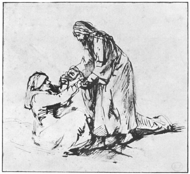 Minimal Rembrandt drawing of Christ kneeling to lift Peter’s mother-in-law; two robed figures meet hands at the center as the seated woman rises, with open background and expressive, varied ink lines.